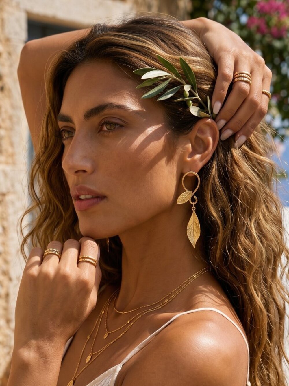 Turkish Gold Leaf Drop Earrings 18K Plated Brass Boho Statement Dangle Handmade